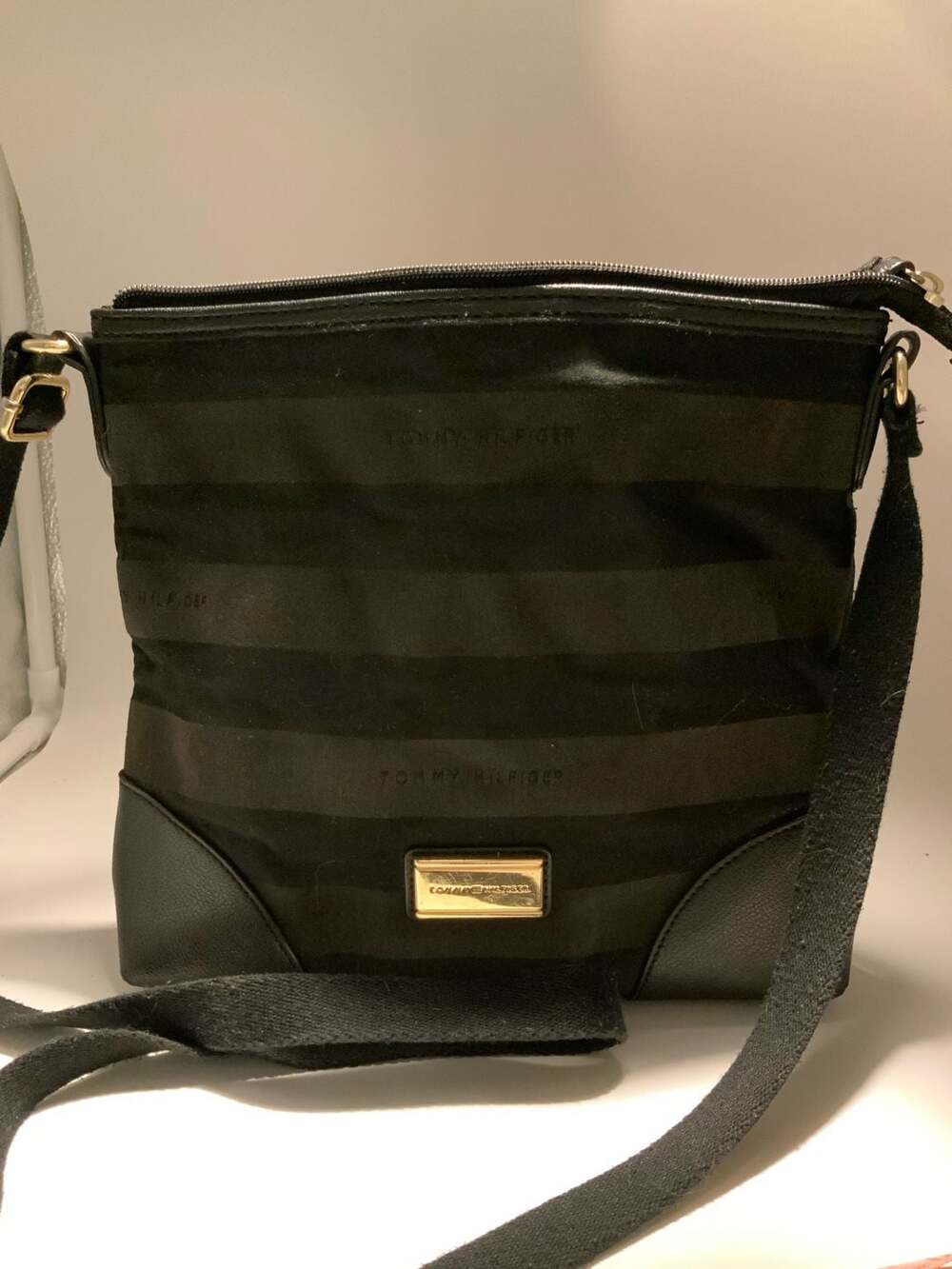 Tommy Hilfiger Black Tonal Striped Sateen Crossbody Bag with Gold Hardware